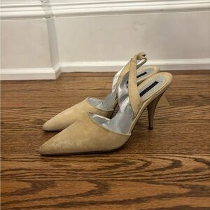 Vintage Y2K Nude Suede Pointed Toe Slingbacks with Silver Heel